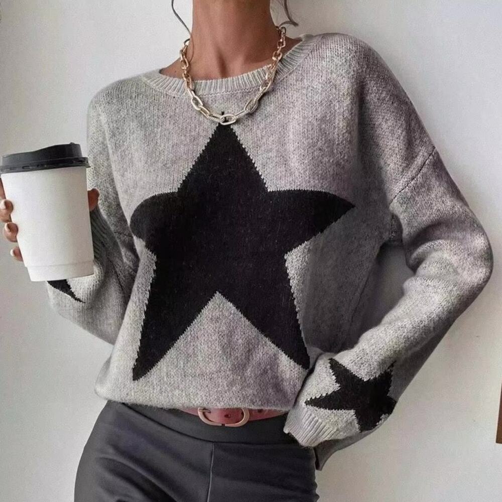 Star Print Pullover Knit Sweater Gray Black Crew Neck Cropped Slouchy Small